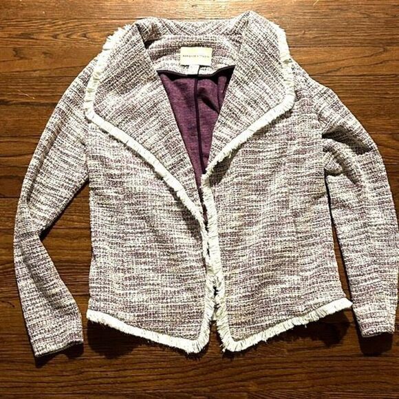 Adrianne Vittadini Tweed Blazer Ruffle Fringe Open Front White Purple Size XS - Picture 1 of 6